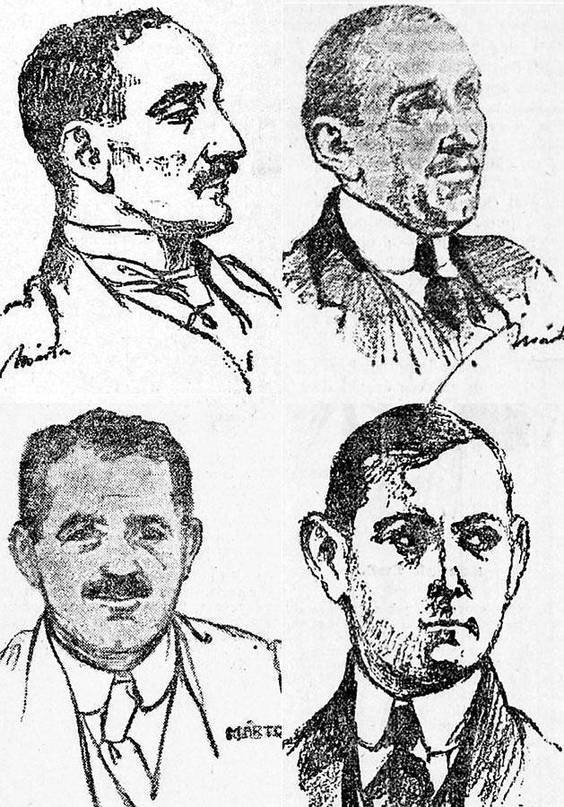 Bíró Dezső (balra fent),  Gillemot Ferenc (jobbra fent), Gyárfás Viktor (balra lent), Kiss Gyula (jobbra lent)