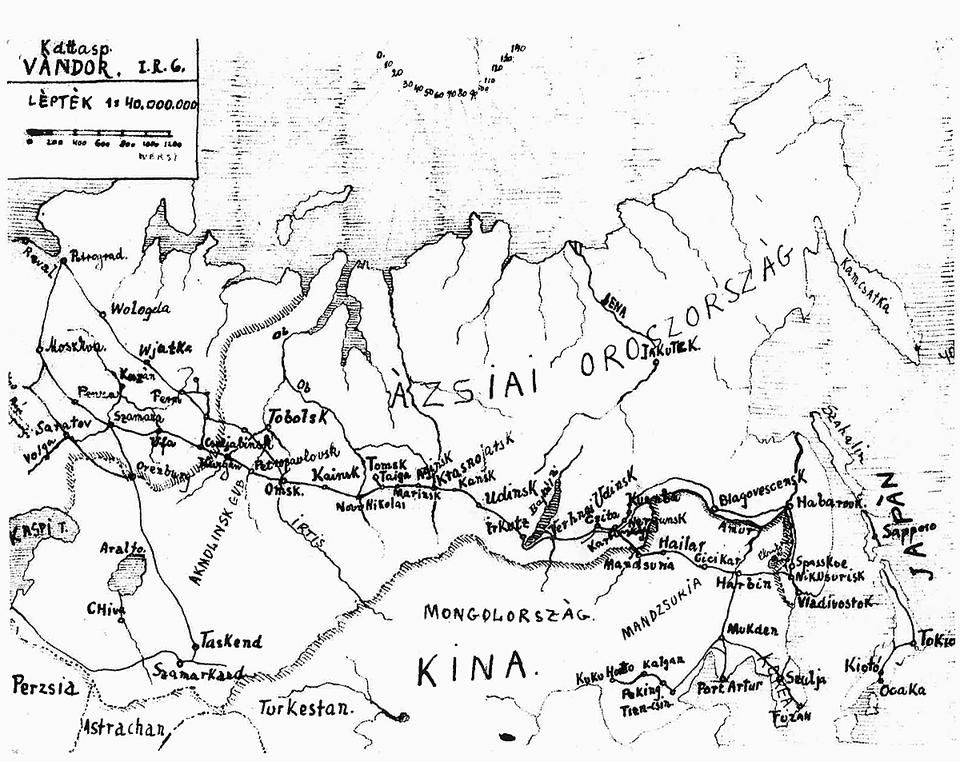 Vándor Ferenc kézzel rajzolt térképe az oroszországi hadifogolytáborokról, amelyek közül többet a készítő maga is megjárt 
(a nagyobb méretért kattintson a képre!)