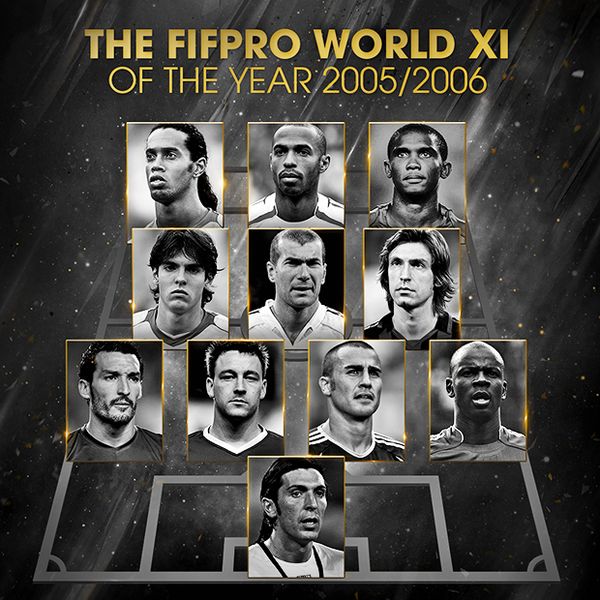 2006: Buffon – Thuram, F. Cannavaro, Terry, Zambrotta  – Pirlo, Zidane, Kaká – Eto'o, Henry, Ronaldinho 
(Fotó: squawka.com)
