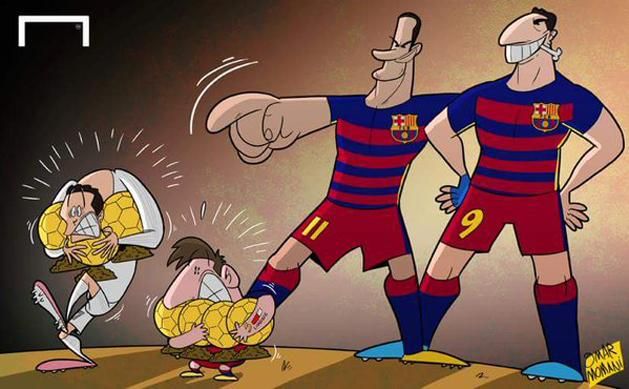 A goal.com karikaturistája már azon élcelődik, hogy Neymar és Suárez elhomályosítja a La Liga aranylabdás gigászait