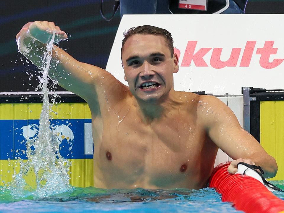 Milák Kristóf célba érése a budapesti vizes vb 200 méteres pillangóúszásának döntőjében díjat érhet (Fotó: Szabó Miklós)