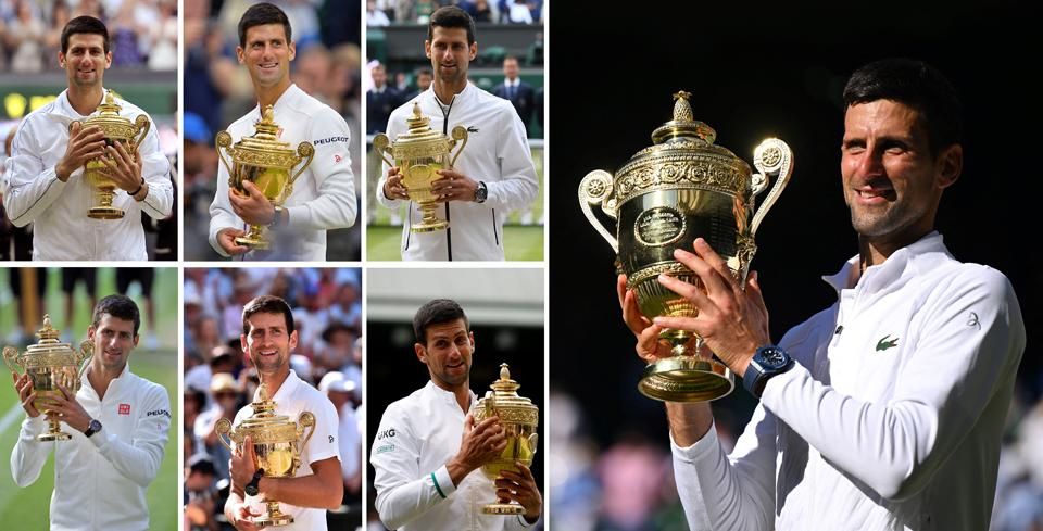 Djokovics 2011 óta hétszer emelhette magasba a wimbledoni trófeát, így már csak egy sikerre van a füves Grand Slam-torna rekorderétől, Federertől (FOTÓK: AFP)
