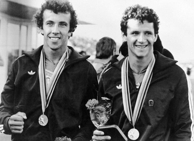 1980: A dream come true: with his partner László Foltán after winning the Olympic gold medal. After their triumph in the C-2 500m at the Moscow Games, Tamás Wichmann was the first to congratulate them