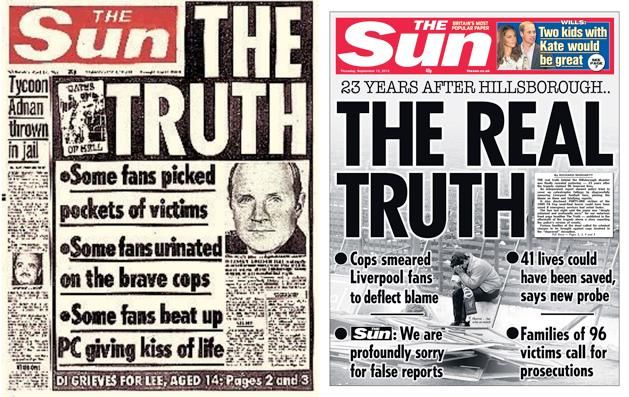 A The Sun 1989. április 19-i címlapra (balra) és a 2012-es korrekció (jobbra)