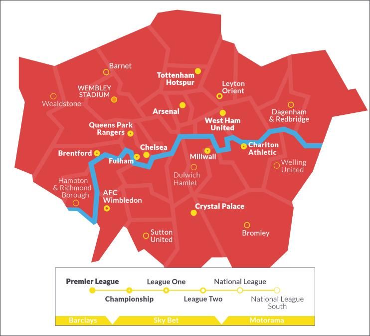 A felső hat osztályban szereplő nagy-londoni klubok térképe (Grafika: Hidden London)