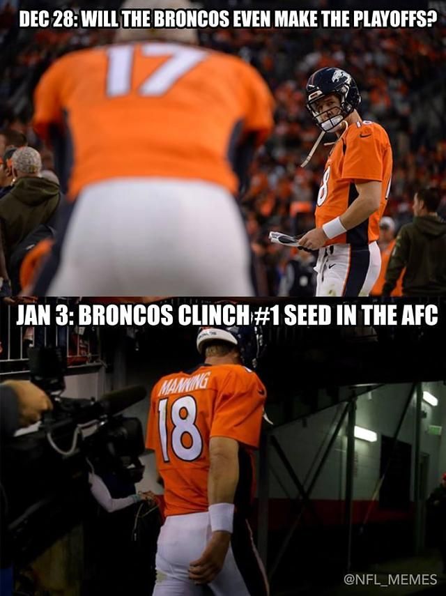 Nem is olyan rég még a rájátszás is kérdéses volt – ehhez képest a Broncos első kiemelt lett (Fotó: NFL Memes)