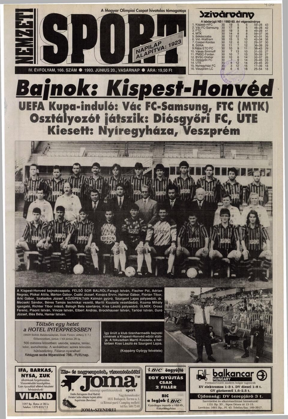 A Nemzeti Sport 1993. június 20.-i címlapja