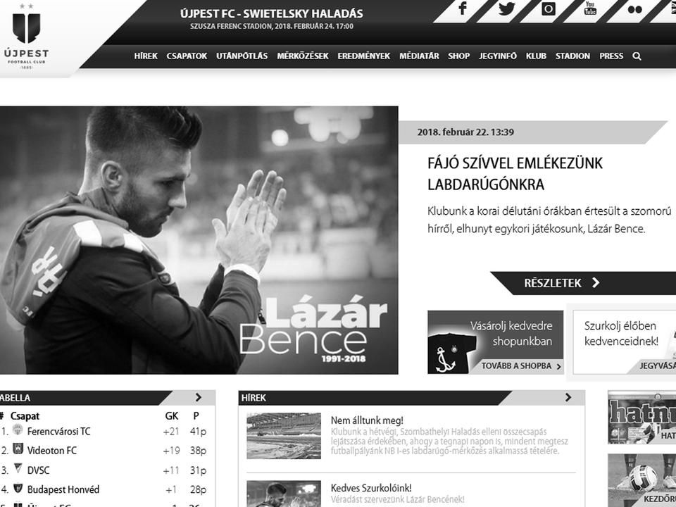 Az Újpest FC így gyászolja Lázár Bencét (Forrás: ujpestfc.hu)