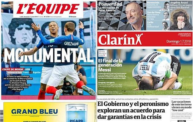A L'Équipe olyan címlapfotót választott, amelyen Mbappé egy Maradona-molinó előtt ünnepel, a Clarín első oldala pedig önmagáért beszél