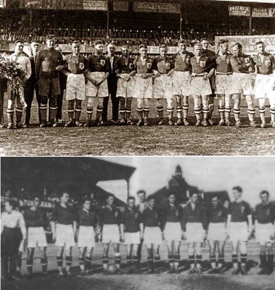 1930 – A holland (fent) és a magyar csapat felsorakozik a két ország első válogatott meccsére az Üllői úton. (Ringier/archív)