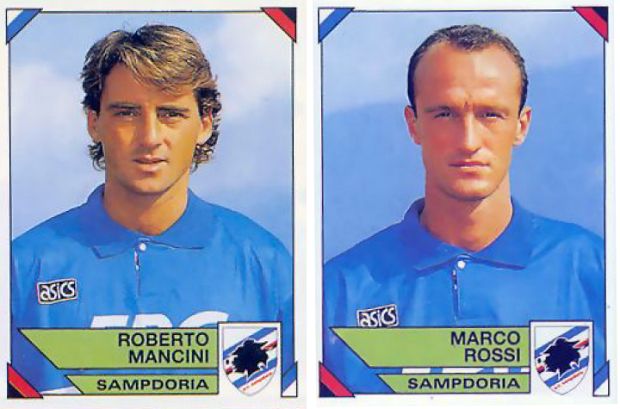 Roberto Mancini és Marco Rossi Samp-játékosként Panini-matricán