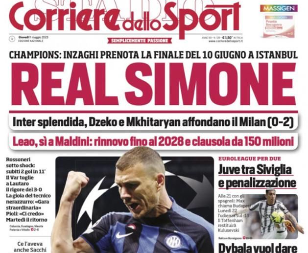 Corriere dello Sport: Valódi Simone. A lap szerint Simone Inzgahi már az isztambuli döntőben érezheti magát, miután Dzeko és Mhitarjan egy-egy góllal elsüllyesztették a Milant. Itt is téma Leao hamarosan hivatalossá váló, 2028-ig szóló hosszabbítása.