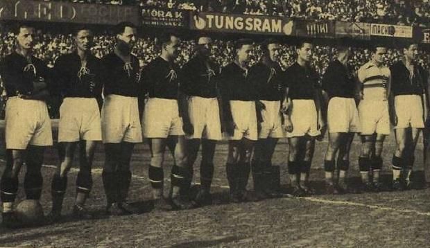 Az 1934-es „angolverő” magyar válogatott, az első gólt szerző Avar István balról a negyedik
