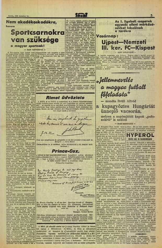 1932. december 14., Nemzeti Sport: Jules Rimet saját kezű üdvözlete