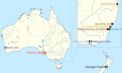 Az A-League csapatai, a Perth székel legnyugatabbra