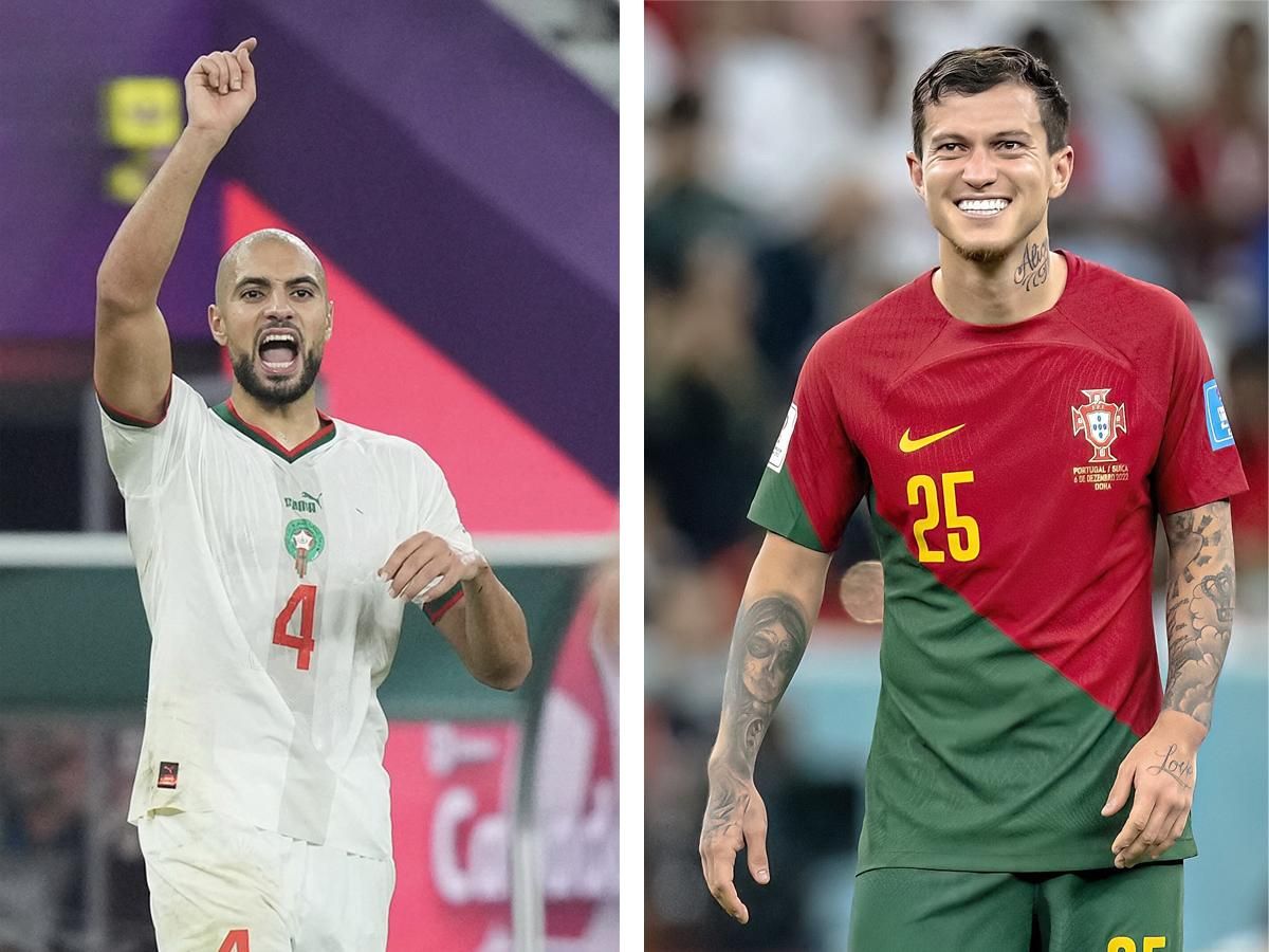 Szofian Ambrabat a portugálok ellen is vezér lehet, Otáviónak alig leszoka mosolyogni a marokkói játékosok szorításában (Fotó: AFP, Imago Images – NS-montázs)