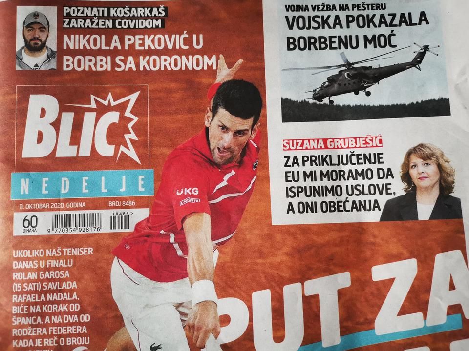 Novak Djokovics az egyébként közéleti tabloidnak számító Blic címlapján