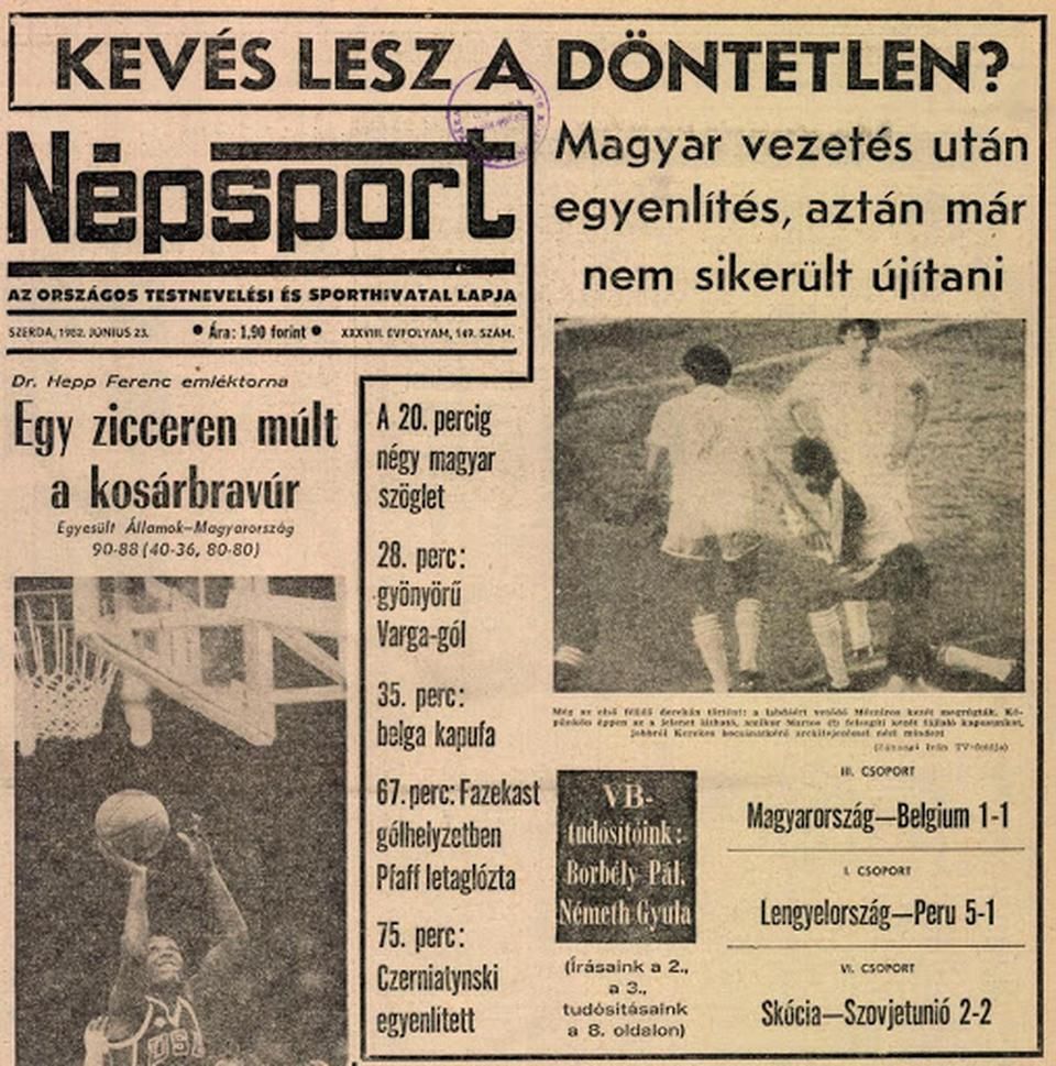 Így festett 1982-ben a belgák elleni döntetlen és a vb búcsú másnapján a Népsport címlapja