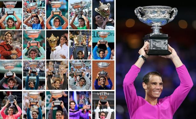 2005-től 2022-ig: a képen Rafael Nadal mind a 21 Grand Slam-trófeájával, jobbra a legfrissebb darab, amellyel jelen pillanatban Novak Djokovics és Roger Federer előtt vezeti az örökrangsort (Fotó: AFP)