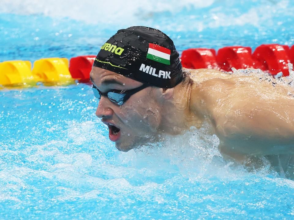 Milák  Kristóf az elődöntőben új olimpiai rekordot úszott, hogy aztán a  következő futamban Caeleb Dressel még tovább javítsa a csúcsot (Fotó:  Tumbász Hédi)