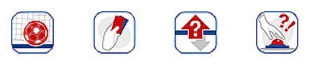 Ez a négy ikon jelzi, mire használják a technikát: benn volt-e a labda, kizárást ér-e az eset, jó volt-e a csere, jókor nyomta-e meg az edző a időkérő gombot