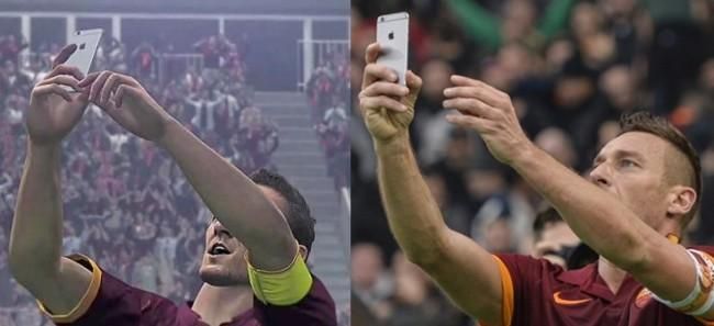 Totti híres szelfije a játékban, mellette az eredeti (Forrás: Who Ate All the Pies)