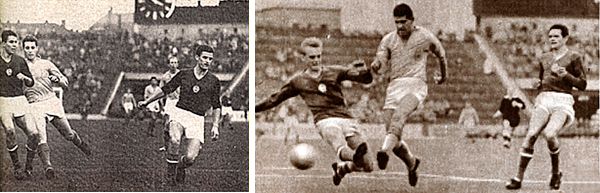 1961-ben a Népstadionban találkoztunk. A bal oldalon: Sóvári és sipos kíséri szemmel a labdát. A jobb oldalon: Solymosi berobban, de Gijp már rálőtte, Mátrai csak nézi. (Ringier/archív)