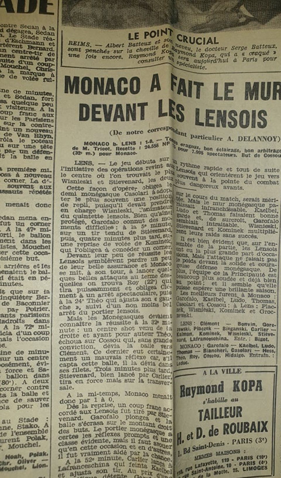 Az 1960 augusztusában játszott Lens–Monaco mérkőzésről a korabeli francia sajtóban megjelent tudósítás, Gerencséri neve Kalman formában szerepel