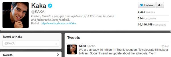 Kaká elégedetten közölte Twitter-falán az új mérföldkövet (Fotó: twitter.com)