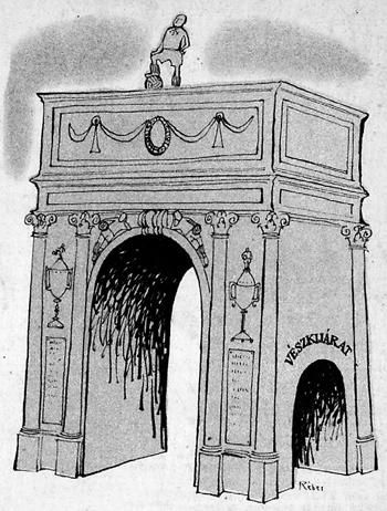 Karikatúra 1958-ból – a rajz kifejező, a diadalív mellett kellett 
a vészkijárat a gyászos svédországi világbajnoki szereplés, 
a csoiportkörből való kiesés után
