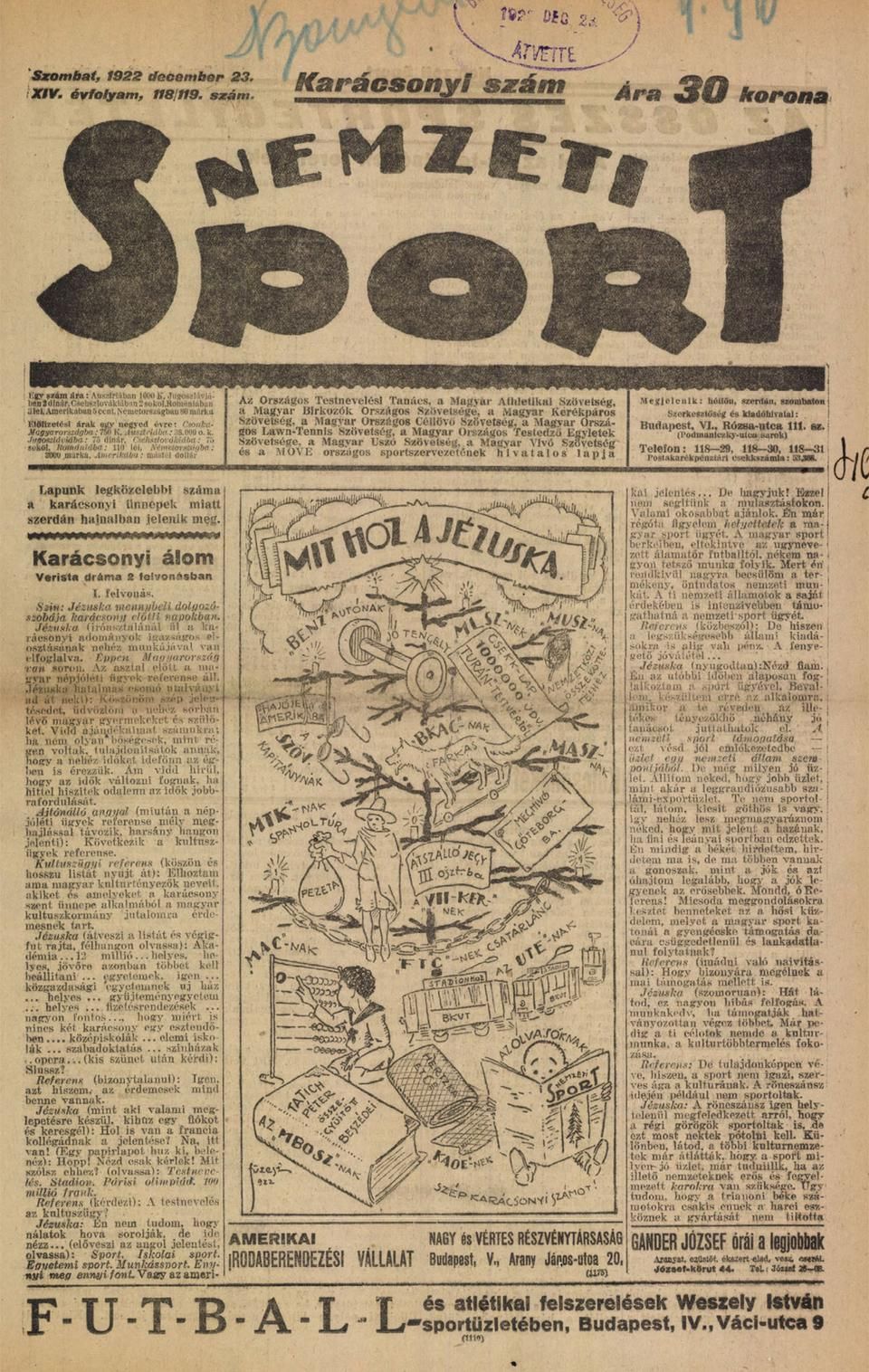 A Nemzeti Sport 1922-es karácsonyi számának címlapja