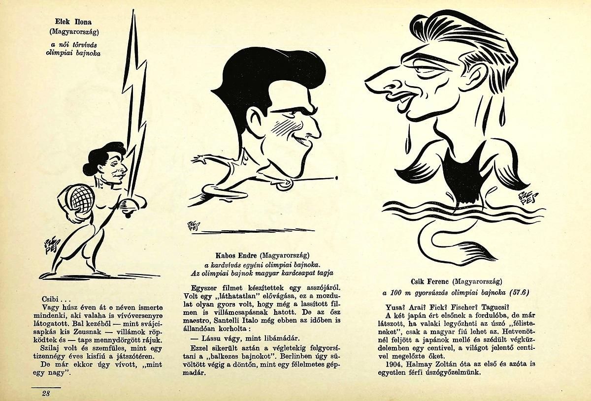 Három berlini bajnokunk, Elek Ilona, Kabos Endre és Csik Ferenc karikatúrája