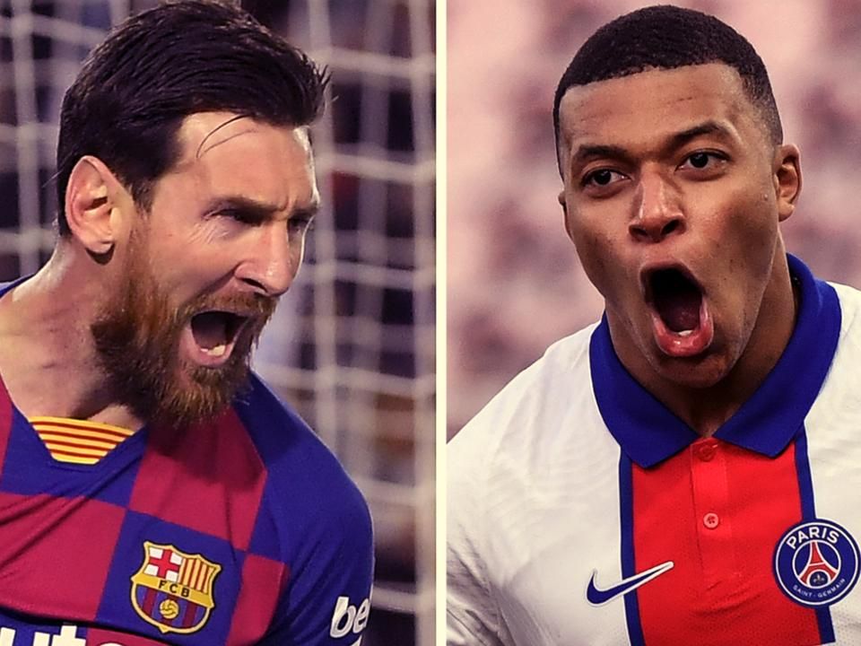 Lionel Messi és Kylian Mbappé eddig egyszer játszott egymás ellen a BL-ben, a mostani párharc első meccsén – mindketten gólt szereztek, Mbappé hármat is, így a PSG örülhetett (Montázs: AFP)