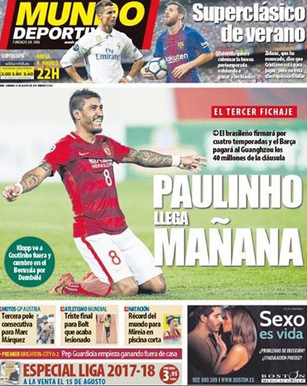 A Mundo Deportivo a vasárnapi címlapján beharangozza Paulinho érkezését