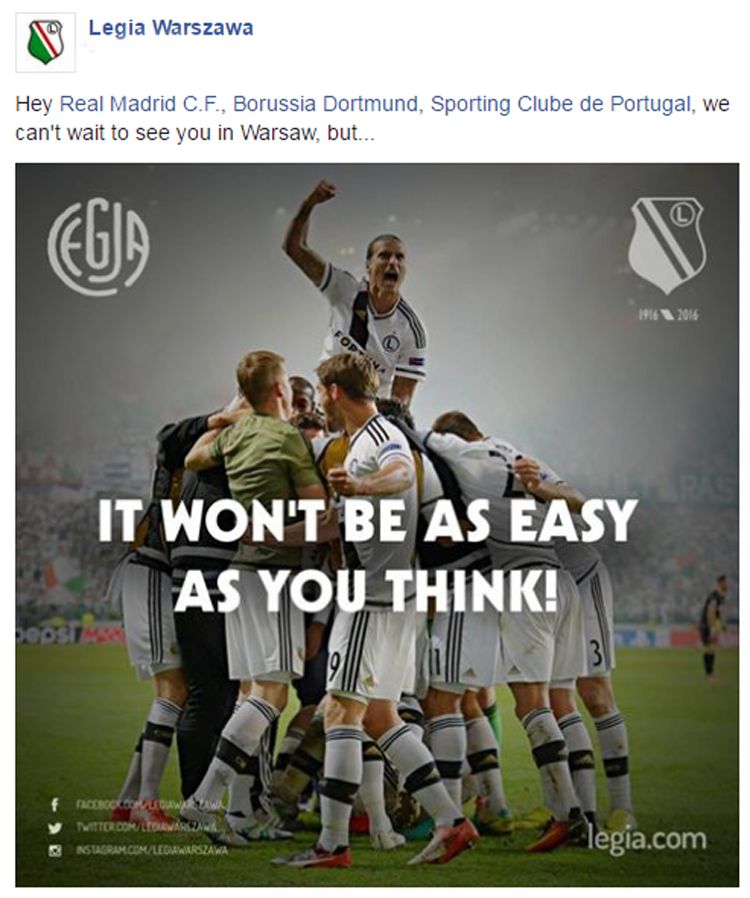 Ezzel a képpel üzentek a Real Madridnak Nikolicsék (Fotó: facebook.com/LegiaWarszawa)