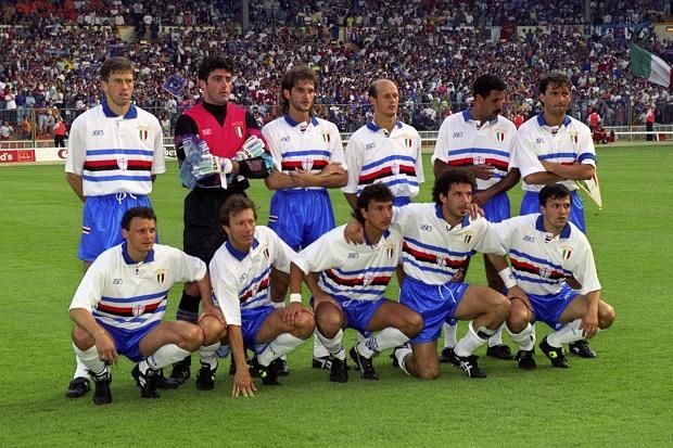 A BEK-döntős Sampdoria csapata. Felső sor (balról jobbra): Katanec, Pagliuca, Lanna, Lombardo, Cerezo, Mancini. Alsó sor: Vierchowod, Mannini, Bonetti, Vialli, Pari (Fotó: Getty Images)