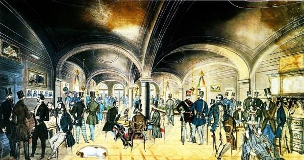 A Pilvax kávéház belső tere a reformkorban, Preiszler József színezett tollrajzán. A háttérben jól kivehetőek a „tekeasztalok” zöld posztói