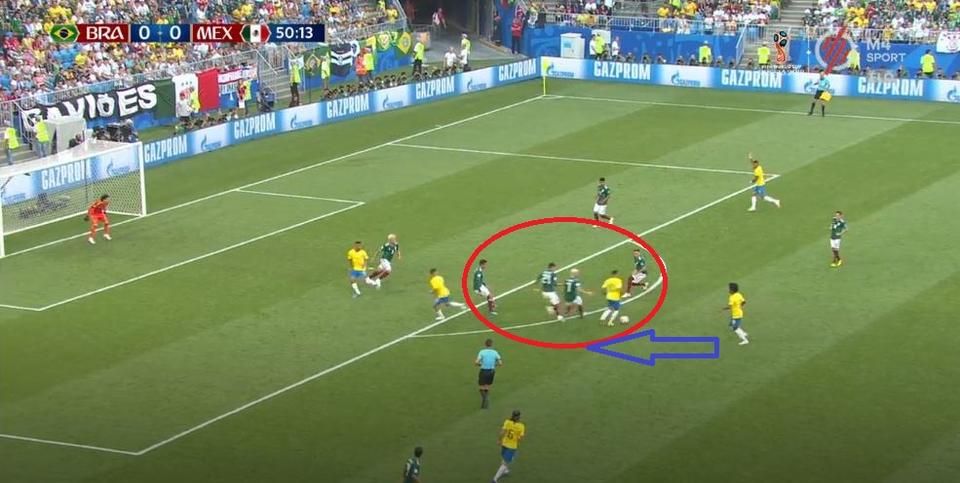 Ahogy Messi, úgy Neymar is vonzza a védőket: az első brazil gól előtt három védőt húz el bal oldalról, mígnem végül Willian örzője, Herrera is odalép szűkíteni a területet. Ekkor jön, némiképp kényszerűségből a vezércsel: Neymar sarokkal (semmi öncélúság, puszta pragmatizmus) lekészíti a labdát…