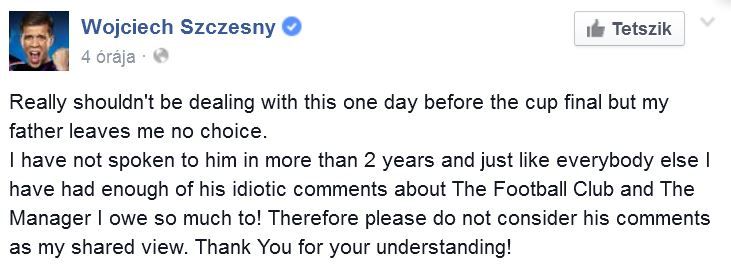 Szczesny Facebookon válaszolt apjának