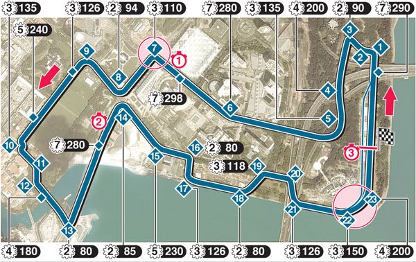 A szingapúri Marina-öbölben az 5-ös és a 7-es kanyar  között lesz a DRS-zóna a versenyen