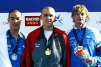 A kétszeres Európa-bajnok Cseh László (középen) külön kategóriát képviselt Madridban A kétszeres Európa-bajnok Cseh László (középen) külön kategóriát képviselt Madridban