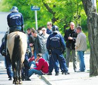 Csendélet a Szusza Ferenc-stadion környékén: poroszkáló lovas rendôr, ékésen beszélgetô, a járdaszigeten szotyizgató drukkerek. (Fotó: Németh Ferenc)