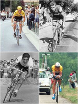 Új taggal, Lance Armstronggal bővült az eddigi "Négyes Klub": Hinault (balra fent), Anquetil (jobbra fent), Merckx (balra lent), Indurain (jobbra lent)