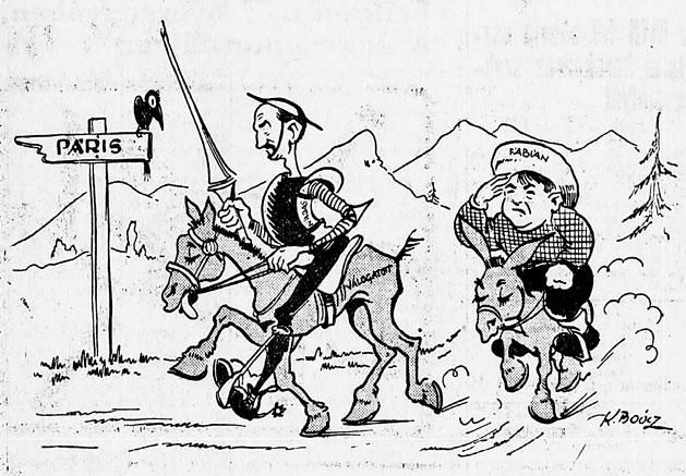 A Nemzeti Sport karikatúráján Nádas Ödön kapitány Don Quijoteként a németországi blama után már Párizs felé tekint, Fábián Pál Sancho Panzaként aggódik
