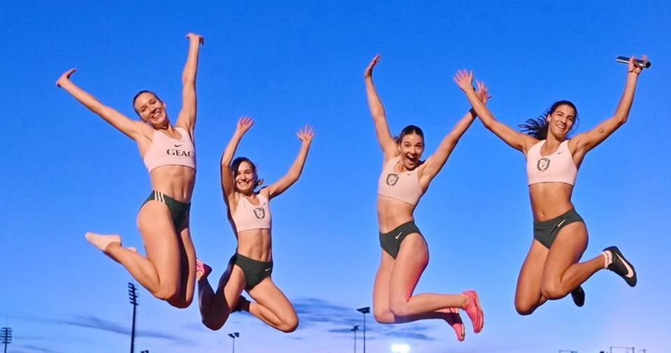 Levegőben a MATE-Gödöllői EAC 4x100 méteres országos bajnok női váltó tagjai: Kriszt Sarolta, Simon Virág, Sulyán Alexa és Nádházy Evelin