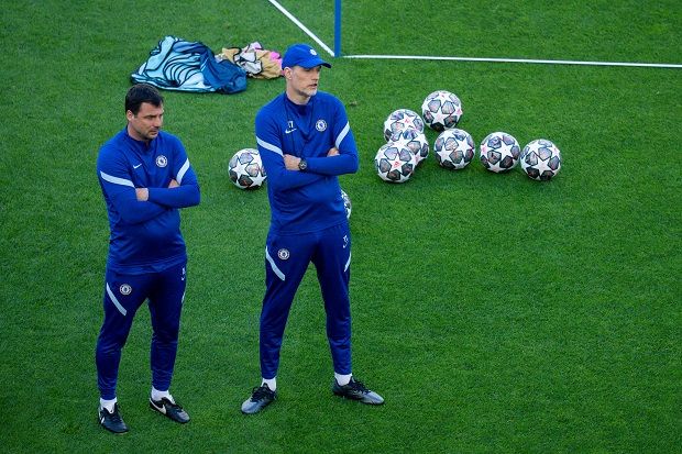 Zsolt Low and Chelsea manager Thomas Tuchel during the Chelsea training session in the lead up to the UEFA Champions Lea
