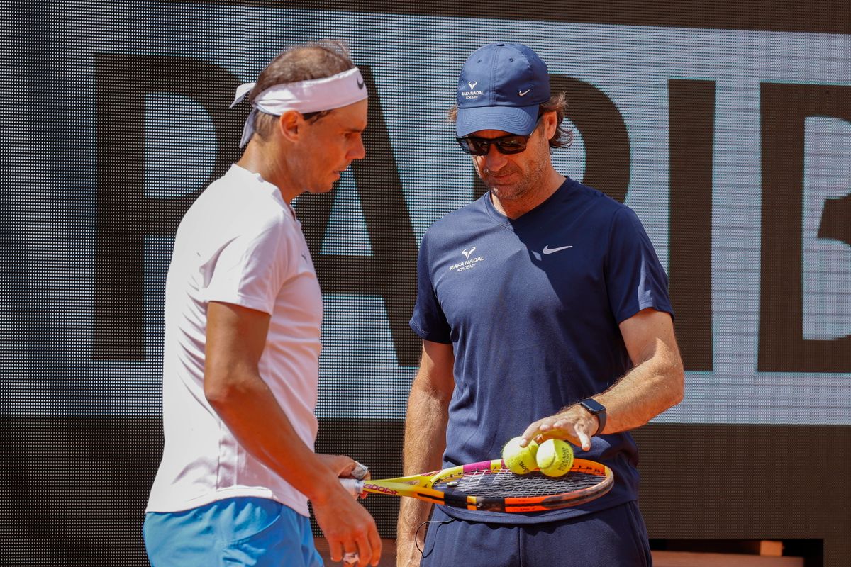 May 23, 2024, Paris, Paris, France: Rafael Nadal and Carlos Moya (coach) at practice on Philippe Chatrier central court 