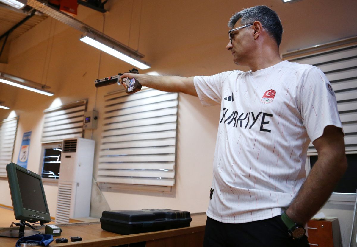 Turkish shooter Yusuf Dikec is pictured during a training in Ankara