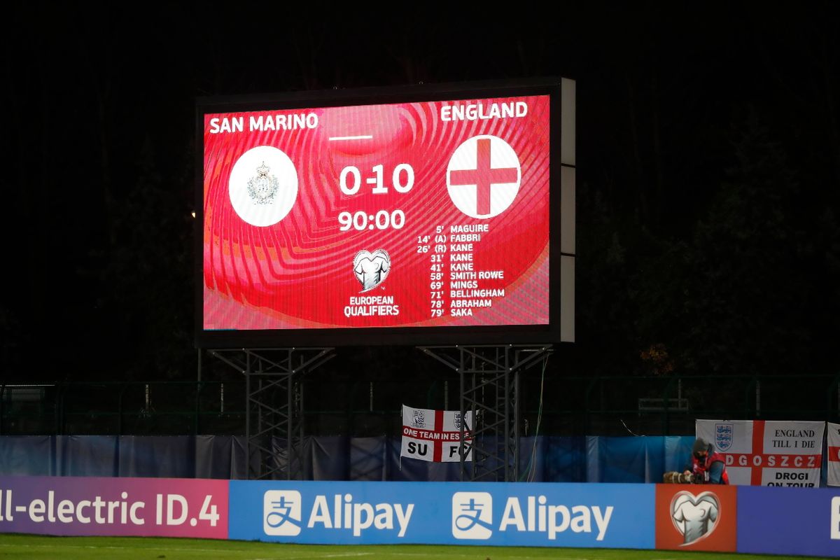 San Marino v England 2022 FIFA World Cup, WM, Weltmeisterschaft, Fussball Qualifiers The scoreboard tells the story at t