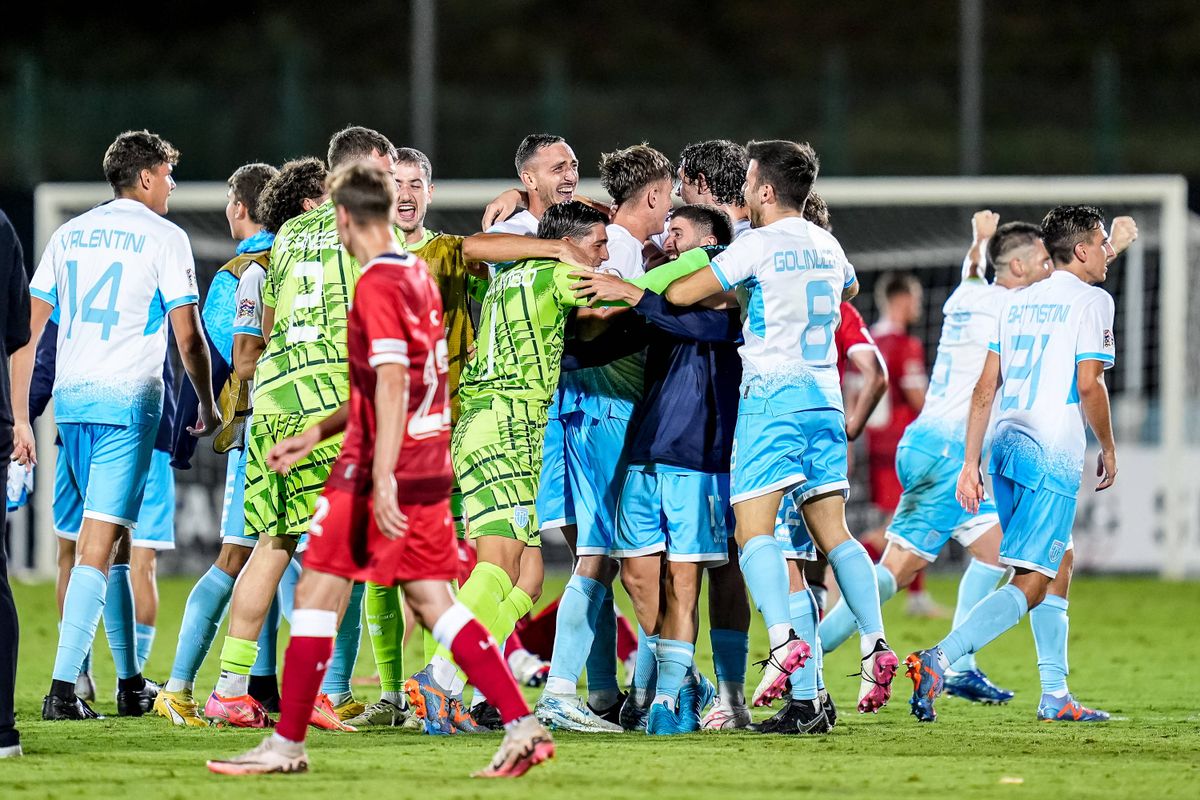 Players of San Marino celebrate their historical first victory in official match at the end of the UEFA Nations League m